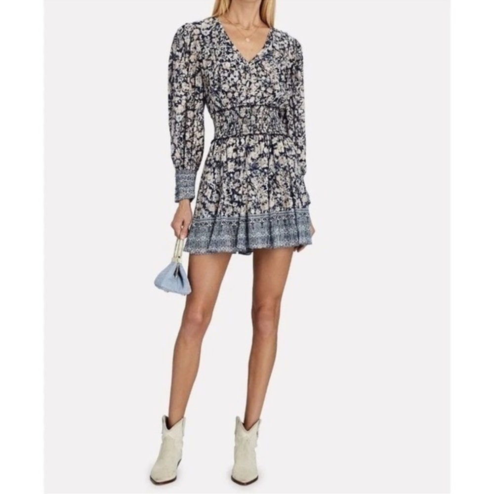 Intermix Women’s Blue Boho Pink Floral Smocked Silk Blend Mini Dress